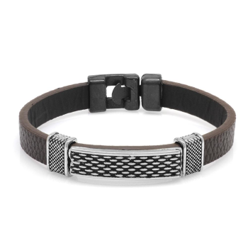 Braunes Herrenarmband aus anlaufgeschütztem Metall und Leder mit Punktstickerei