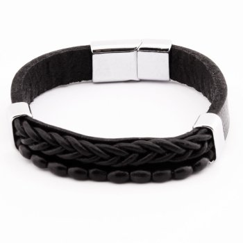 Wicker Design Kuka Herrenarmband aus schwarzem Stahl und Leder mit Stickerei