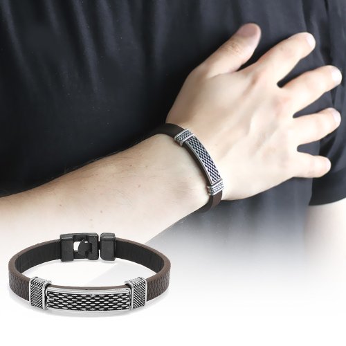 Braunes Herrenarmband aus anlaufgeschütztem Metall und Leder mit Punktstickerei