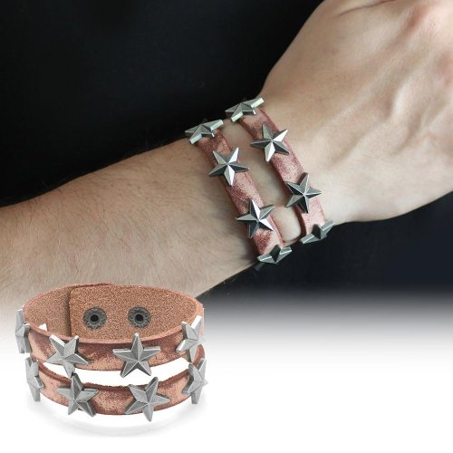 Doppelreihiges Herrenarmband aus Leder mit breitem Sterndesign