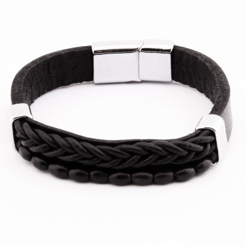 Wicker Design Kuka Herrenarmband aus schwarzem Stahl und Leder mit Stickerei