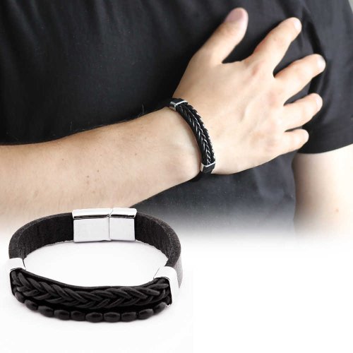 Wicker Design Kuka Herrenarmband aus schwarzem Stahl und Leder mit Stickerei